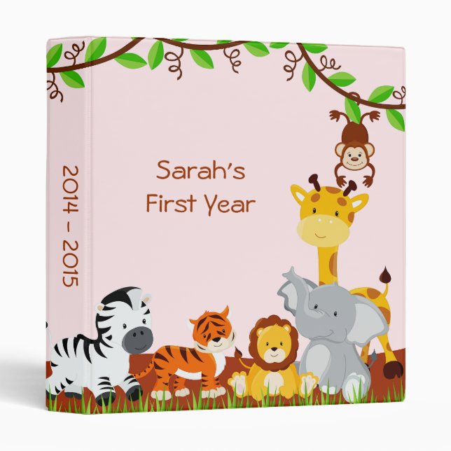 Cute Safari Jungle Animal Baby Girl Photo Album 3 Ring Binder (Front/Spine)