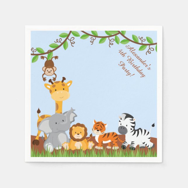 Cute Safari Jungle Animal Birthday Paper Napkins (Front)