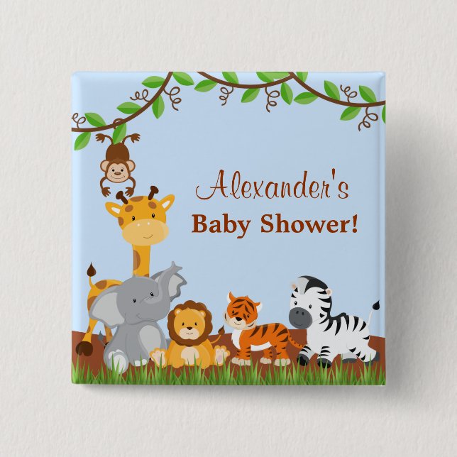 Cute Safari Jungle Animal Boy Baby Shower Button (Front)