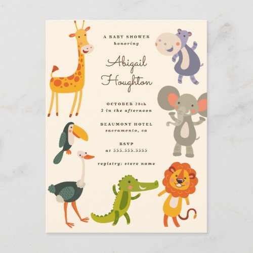Cute Safari Jungle Animal Themed Baby Shower Invitation Postcard