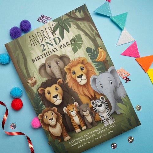 Cute Safari Jungle Animals 2nd Birthday Party  Invitation