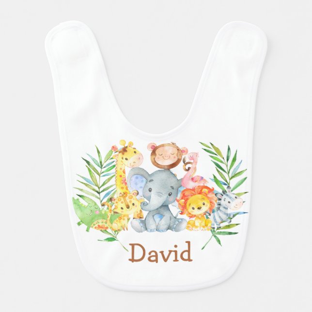 Cute Safari Jungle Animals Baby Name Personalized Bib (Front)