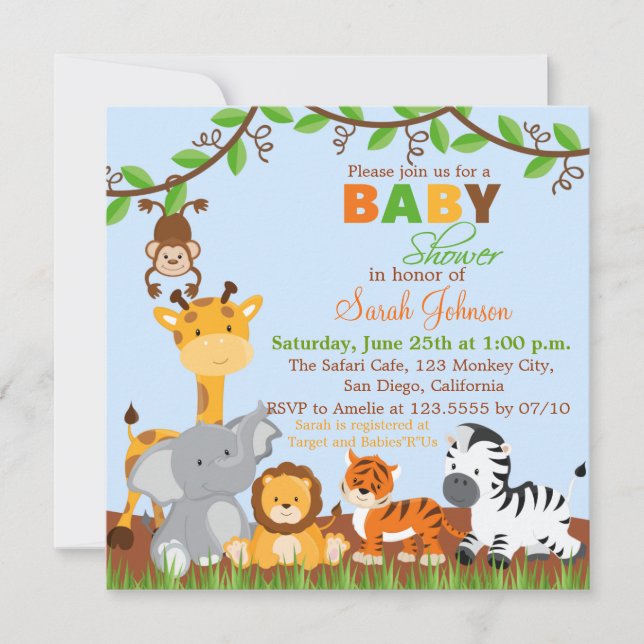 Cute Safari Jungle Animals Baby Shower Invitation (Front)