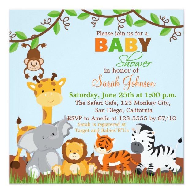 Cute Safari Jungle Animals Baby Shower Invitation
