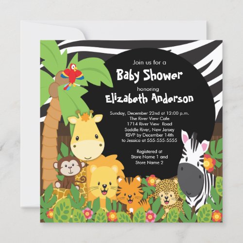 Cute Safari Jungle Animals Baby Shower Invitations