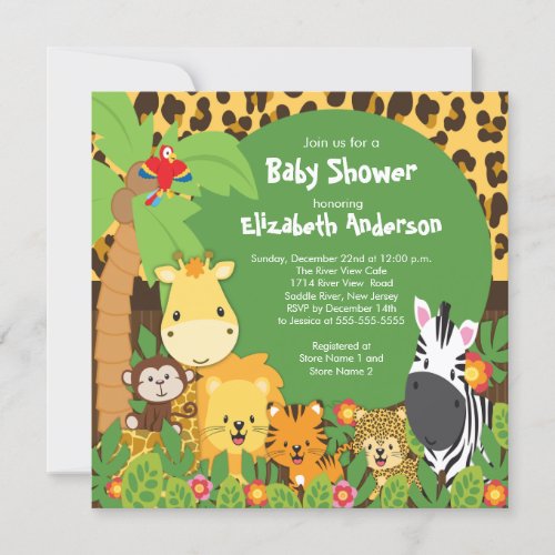 Cute Safari Jungle Animals Baby Shower Invitations