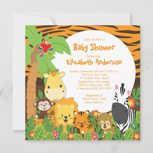 Cute Safari Jungle Animals Baby Shower Invitations