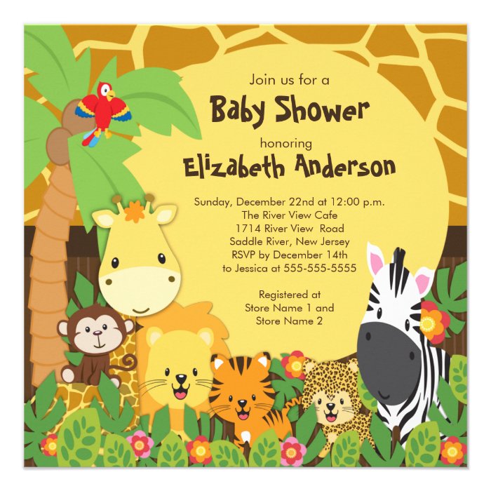 Cute Safari Jungle Animals Baby Shower Invitations