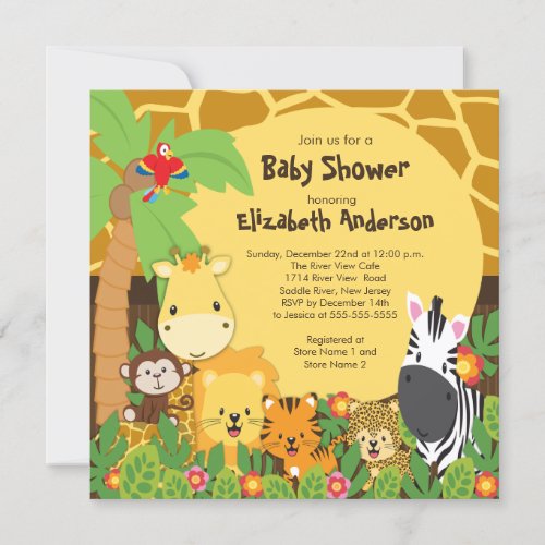 Cute Safari Jungle Animals Baby Shower Invitations
