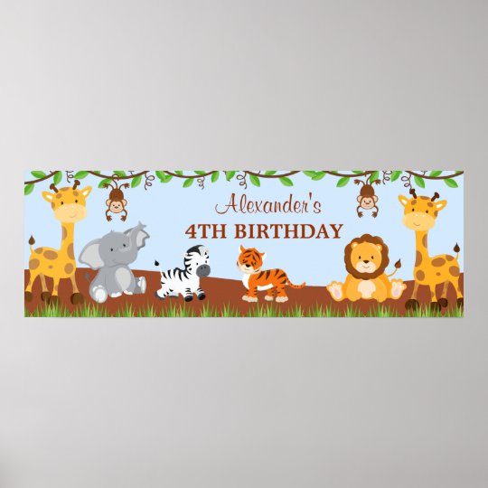 Cute Safari Jungle Animals Birthday Party Banner Poster 