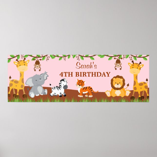 Cute Safari Jungle Animals Birthday Party Banner Poster (Front)