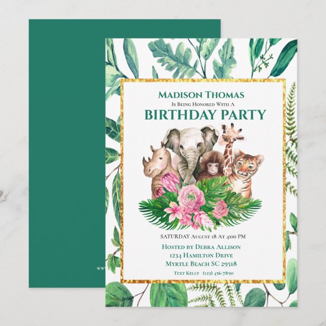Cute Safari Jungle Animals Birthday Party Invitati Invitation (Front/Back)
