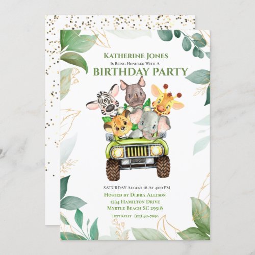 Cute Safari Jungle Animals Birthday Party Invitation