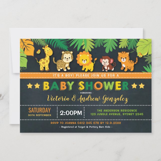 Cute Safari Jungle Animals Boy Baby Shower Invitation (Front)