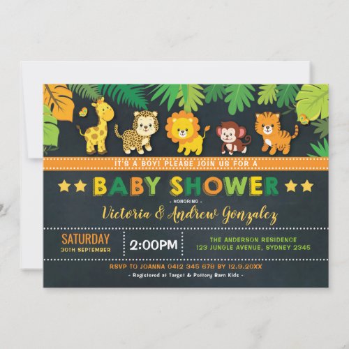 Cute Safari Jungle Animals Boy Baby Shower Invitation