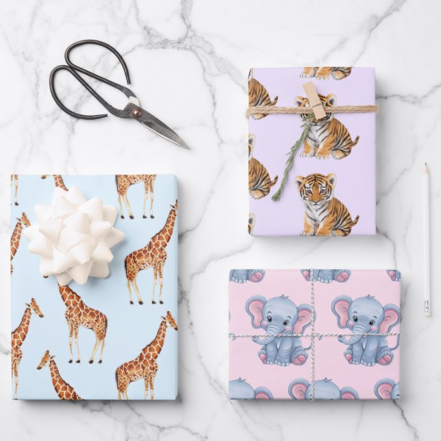 Cute Safari Jungle Animals elephant Tiger Giraffe  Wrapping Paper Sheets (Front)