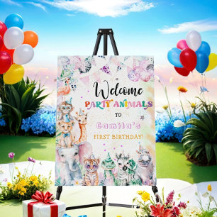 Cute Safari Jungle Animals Girl Birthday Welcome Foam Board