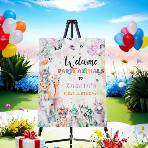 Cute Safari Jungle Animals Girl Birthday Welcome Foam Board