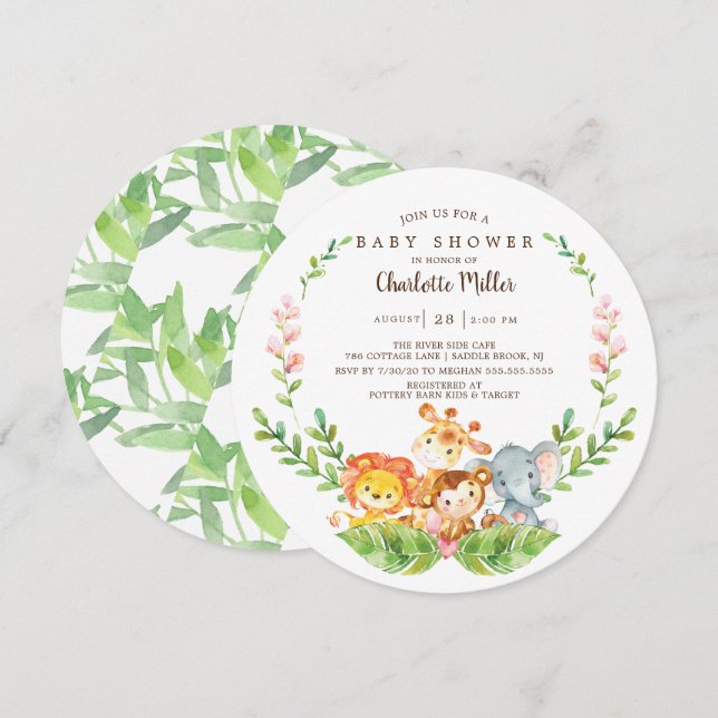 Cute Safari Jungle Animals Girls Baby Shower Invitation (Front/Back)