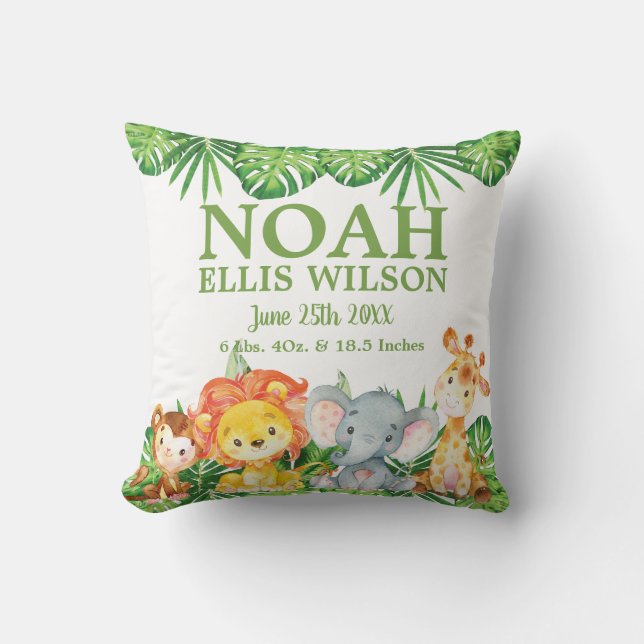Cute Safari Jungle Animals Greenery Boy Nursery Throw Pillow (Front)