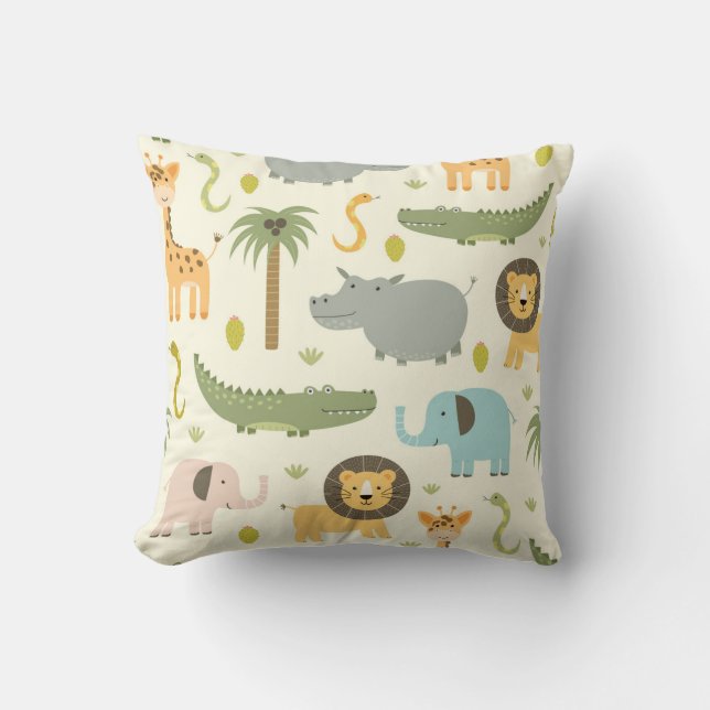 Cute Safari Jungle Animals Greenery Throw Pillow (Front)