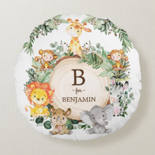 Cute Safari Jungle Animals Monogram Baby Nursery Round Pillow