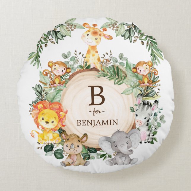 Cute Safari Jungle Animals Monogram Baby Nursery Round Pillow (Front)