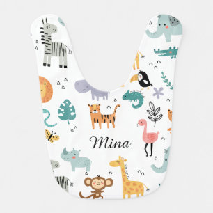 Cute Safari Jungle Animals Personalized Baby Name Bib