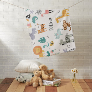 Cute Safari Jungle Animals Personalized Baby Name Blanket