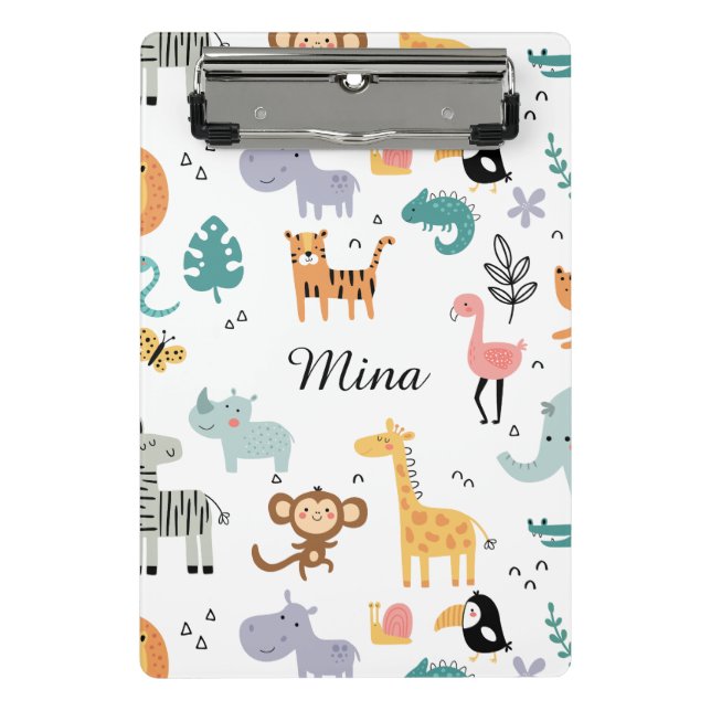 Cute Safari Jungle Animals Personalized Baby Name Mini Clipboard (Front)