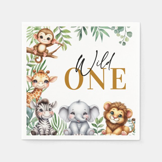 Cute Safari Jungle Animals Wild One Boy Birthday Napkins (Front)