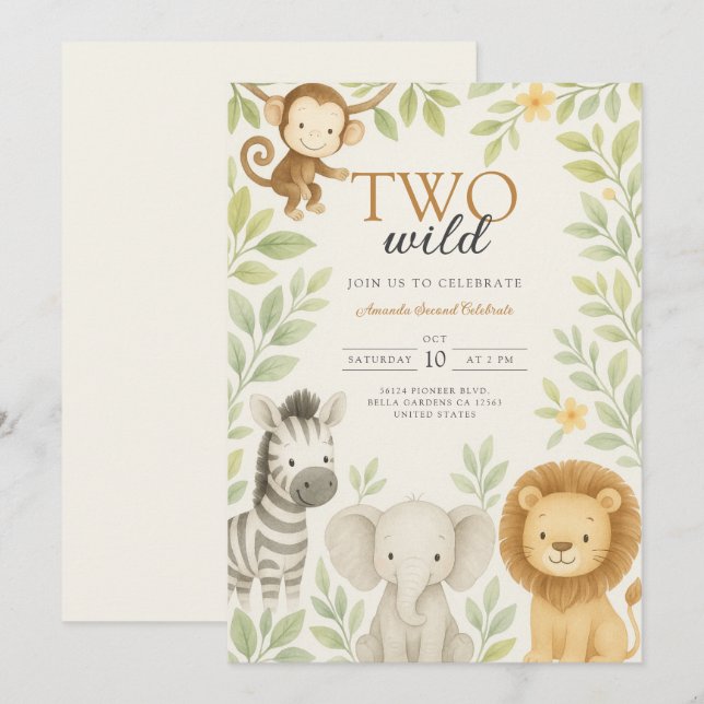 Cute Safari Jungle Baby Animals Birthday Invitation (Front/Back)