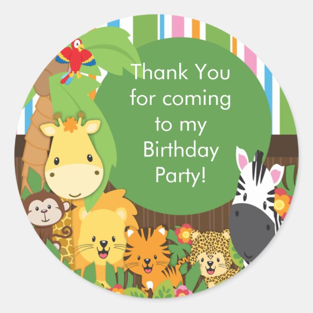 Cute Safari Jungle Birthday Party Classic Round Sticker (Front)