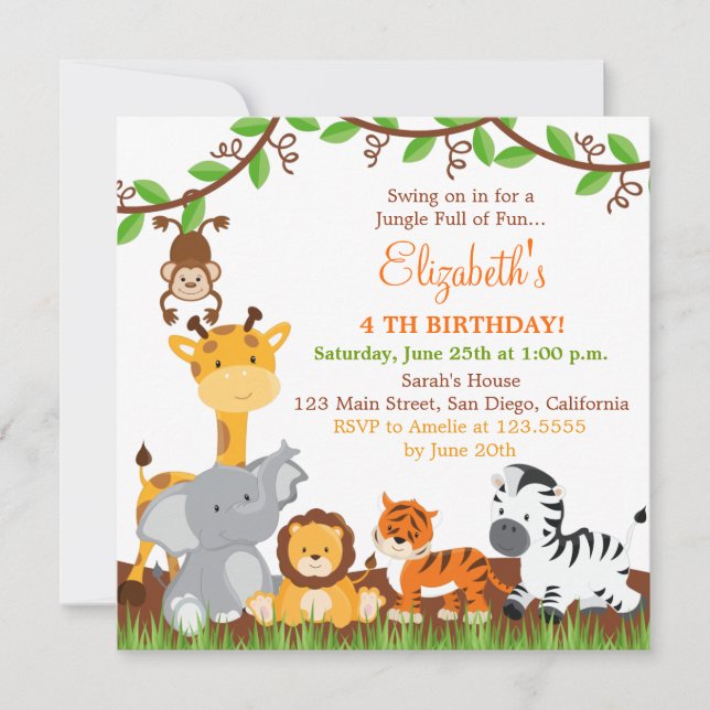 Cute Safari Jungle Birthday Party Invitations (Front)