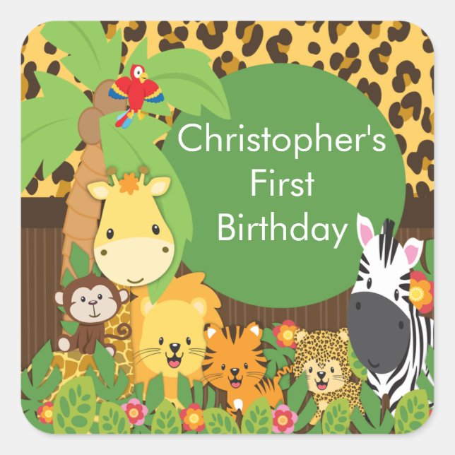 Cute Safari Jungle Birthday Party Square Sticker (Front)