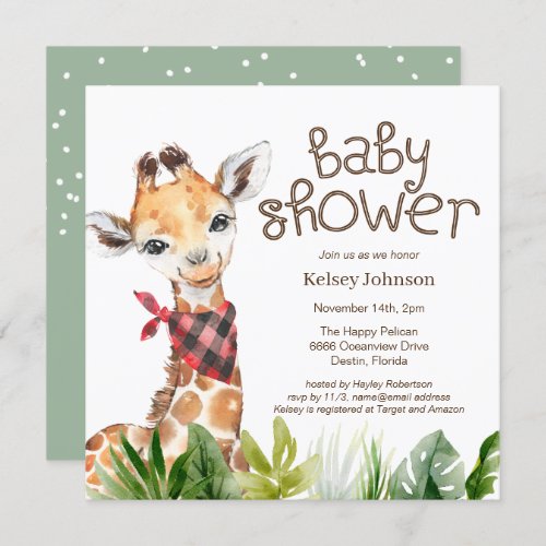 Cute Safari Jungle Giraffe Baby Shower Invitation