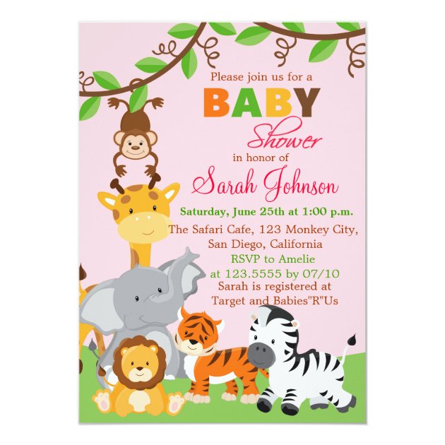 Cute Safari Jungle Girl Baby Shower Invitation