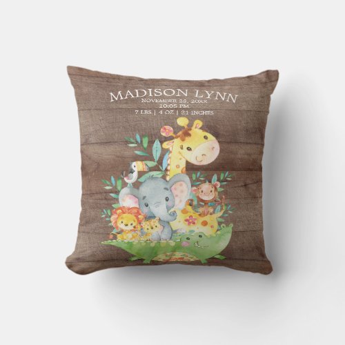 Cute Safari Jungle Girl Boy Birth Stats Pillow