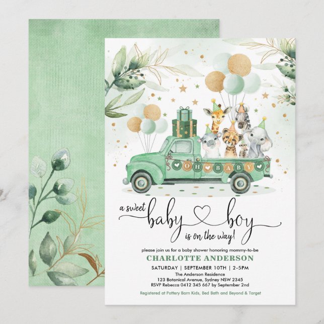 Cute Safari Jungle Greenery Wild Animals Baby Boy Invitation (Front/Back)