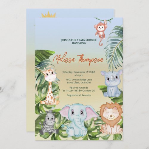Cute Safari Jungle Little Animals Baby Shower Invitation