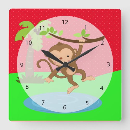 Cute safari jungle monkey square wall clock