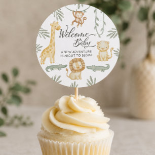 Cute Safari Jungle Welcome Baby Cupcake Topper Classic Round Sticker