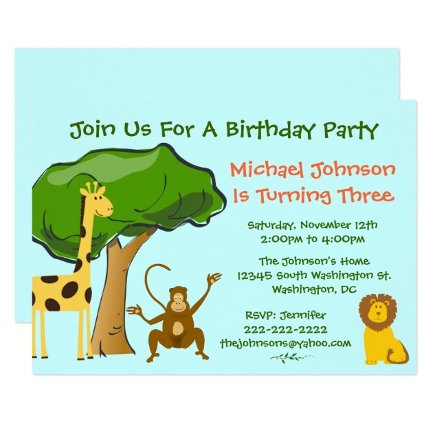 Cute Safari Jungle Zoo Animals Kids Birthday Party Invitation
