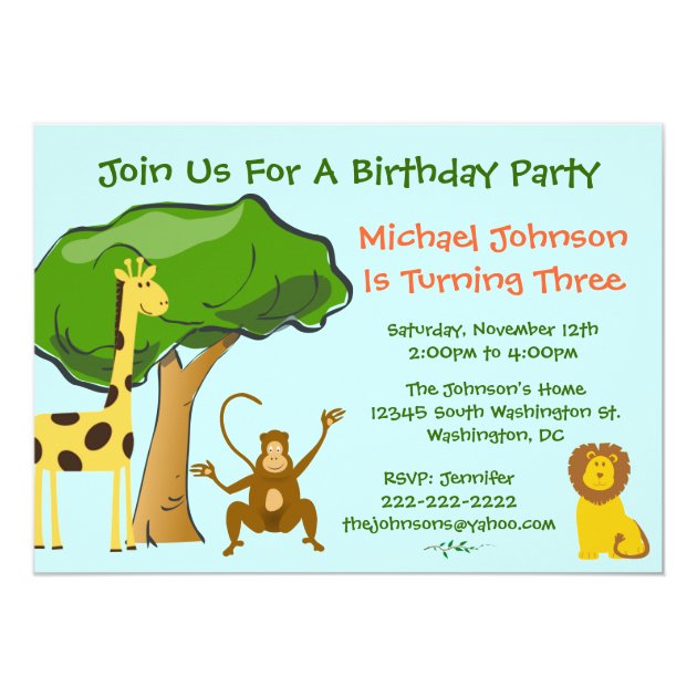 Cute Safari Jungle Zoo Animals Kids Birthday Party Invitation