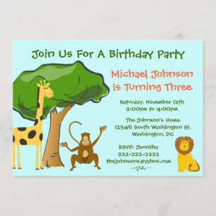 Cute Safari Jungle Zoo Animals Kids Birthday Party Invitation