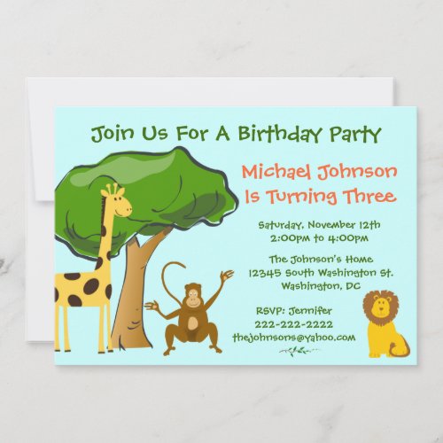 Cute Safari Jungle Zoo Animals Kids Birthday Party Invitation