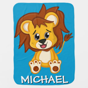 Cute Safari Lion Blue Cartoon Jungle Name Boy Baby Blanket