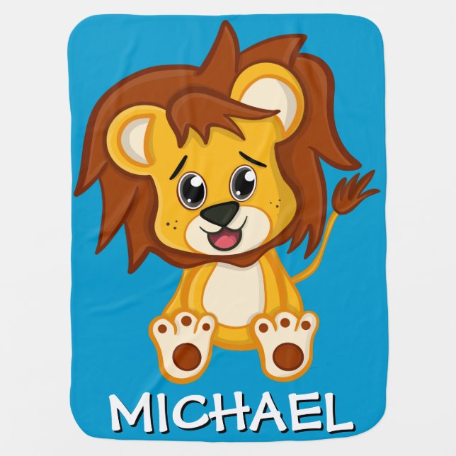 Cute Safari Lion Blue Cartoon Jungle Name Boy Baby Blanket (Front)