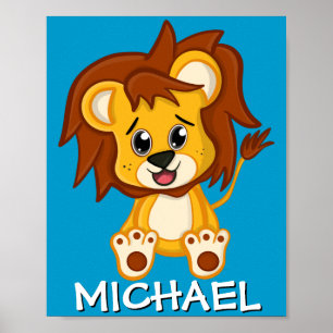 Cute Safari Lion Cartoon Jungle Name Blue Zoo Poster