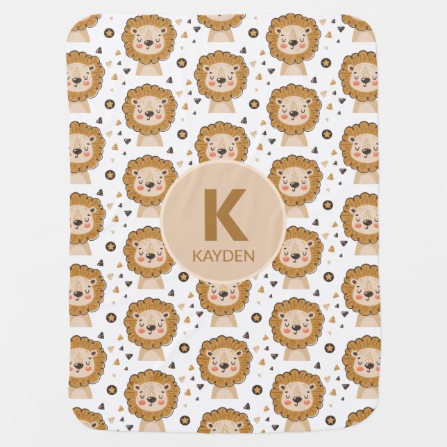 Cute Safari Lion Pattern Monogram Baby Blanket (Front)